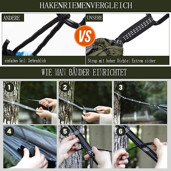 Hängmatta Camping med Regnskydd, Perfekt för Backpacking & Resor, Andningsbar 210T Nylon Spinning Säkerställer Komfort & Skydd, Lätt att Montera &