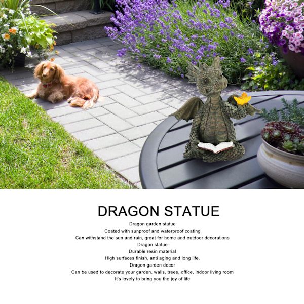 Baby Dragon Läser Bok Staty Vattentät Vacker Hållbar Harts Drakskulptur för Trädgård Vägg Kontor