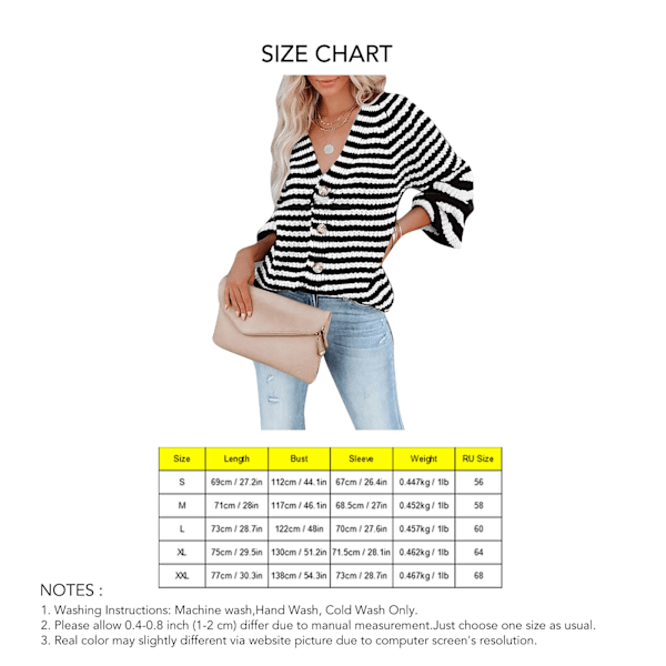 Damrandig Stickad Blus Knäppt V-ringad Stickad Topp Långärmad Casual Randig Blus Svart M