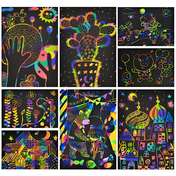 50 st konst regnbåge skrapa papper bambu stylus set skrapa av konst hantverk leveranser kit för barn för kul DIY leksak fest gynnar spel