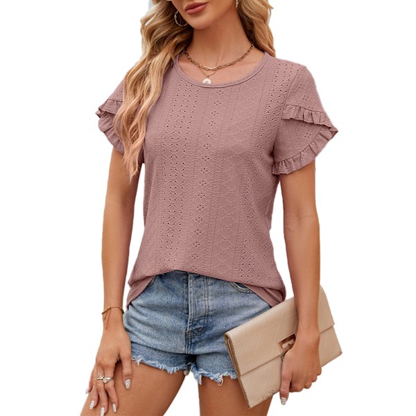 Dam Rundhalsad Topp Kort Blomblad Ärm Lös Passform Sommar T-shirt för Vardagsbruk Hudrosa S