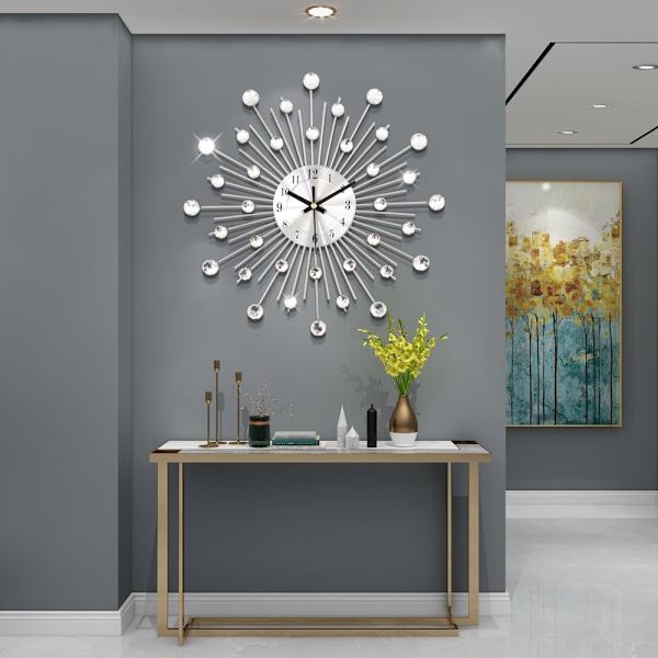 Lyxig Elegant Design, 3D Kristallväggklocka Med Glittrande Bling, Silver Väggdekor, Tyst Icke-Tickande Urverk För Mångsidig Rumsdekor