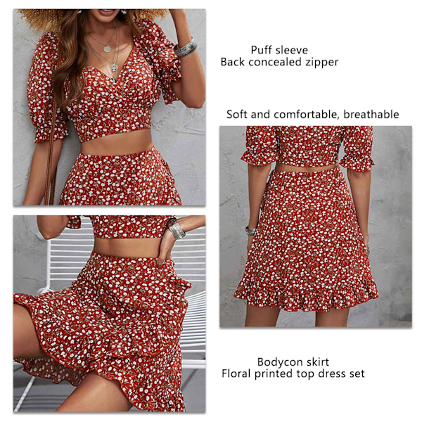 Tvådelat set för kvinnor med volangdetaljer, omlottkjol och puffärm, V-ringad Bodycon sommaroutfit, brunröd L