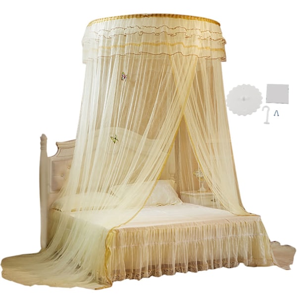 Pustemessig rund baldakin blonder prinsesse stil myggnett seng gardin nett (Beige)