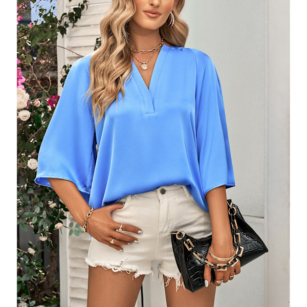 Dam V-ringad Topp Halv Bell Ärm Lös Modell Enfärgad Casual T-shirt för Sommarbruk Blå M