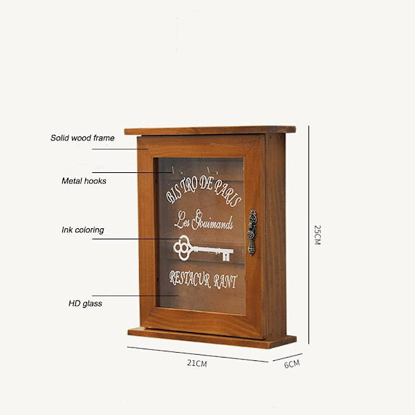 Tränyckelbox - Retro väggmonterad nyckelskåp med magnetisk dörr, miljövänlig hållbar förvaring i massivt trä med 6 krokar, kreativ heminredningshållare - Brun