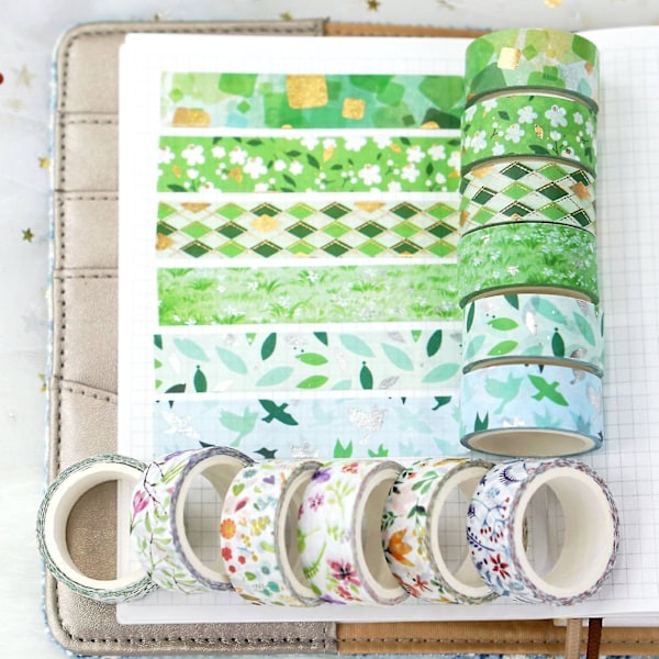Äkta japanskt washi-tejp set, 12 rullar dekorativa tejper för DIY-hantverk, lätta att riva och fästa, inga bleknande färger, lämnar inga rester