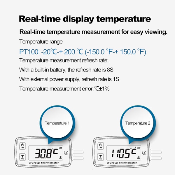 Dubbelkanal LCD-termometer Motortemperaturmätare Digital display med grön bakgrundsbelysning för motorcykelbåt ATV