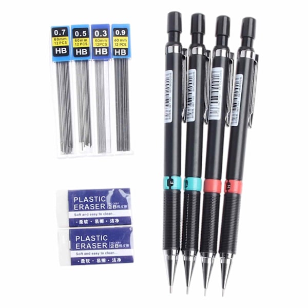 Mekaniskt Pennset, 0.3 0.5 0.7 0.9mm HB Mekanisk Penna Automatisk Penna Stiftpenna Arkitektur Tryckpenna med Suddgummi Pennstift