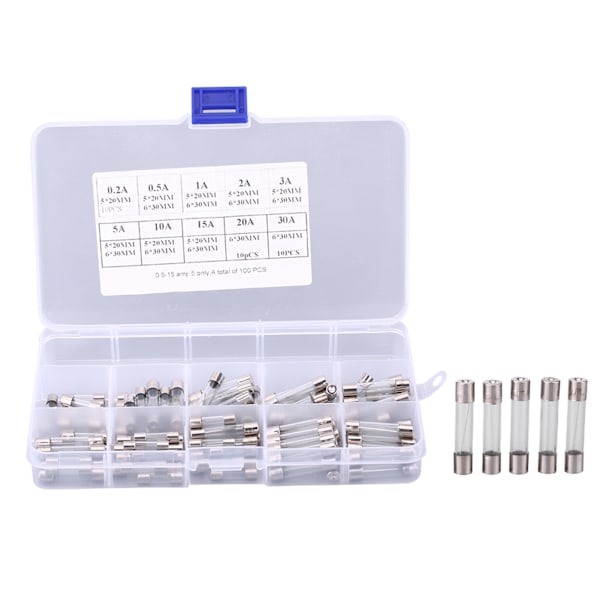 100 st 5*20mm 6*30mm sortiment bilglas säkring rör kit 0.2A 0.5A 1A 2A 3A 5A 10A 15A 20A 30A