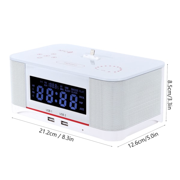 Bluetooth-ljudsystem i vitt, dubbla USB-laddningsportar, FM-radio med 30 förinställningar, 5 mm stereoingång och integrerad CD-spelare för