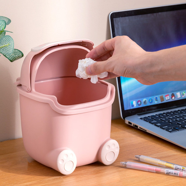Lille skraldespand i plastik til skrivebord - Mini skraldespand med låg til hjemmet - Pink Little Elk