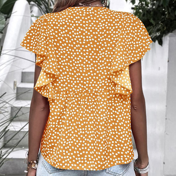 Volang Kortärmad Blus Blommig Tryckt Casual Figurnära V-ringning Volangärm Blus för Kvinnor Sommar Orange M