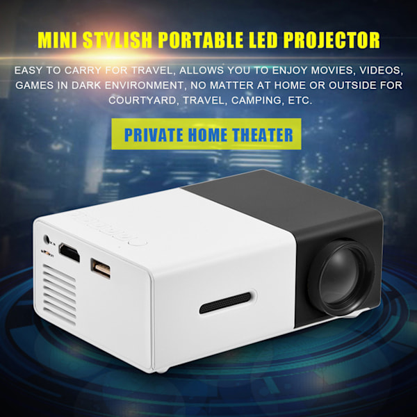 Mini stilig hjemmekino bærbar LED-projektor multimediaspiller EU-plugg sort hvit