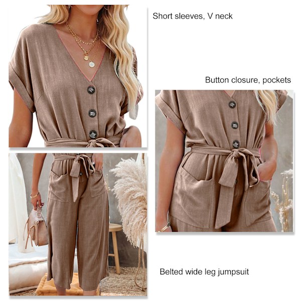 Dam Kortärmad V-ringad Jumpsuit Casual Enfärgad Knappbälte Vida Ben Romper med Fickor Khaki L