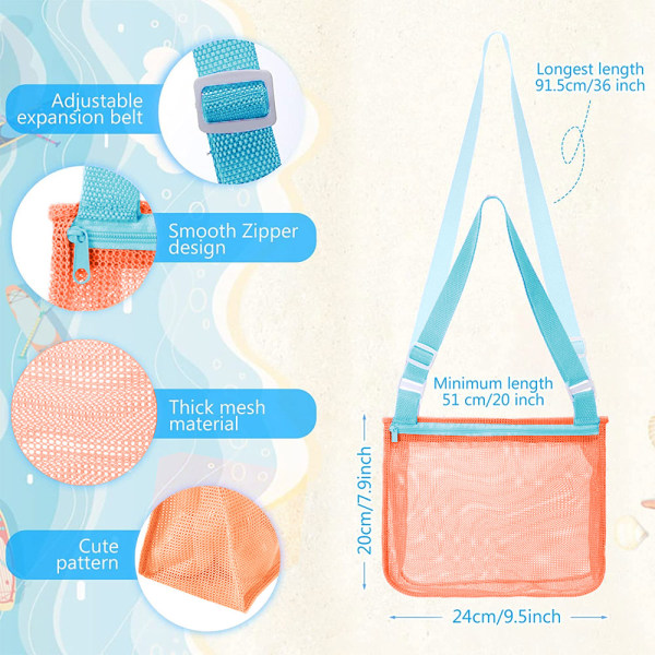 3 stk Strandleketøy Mesh Bag, for å holde skjell, frukt eller leker, justerbare bæreseler og glidelås for gutter og jenter