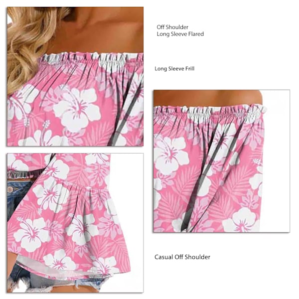 Dam Off Shoulder Topp Casual Utsvängd Långärmad Volang Blus Rynkad Lös Elegant Skjorta Rosa M