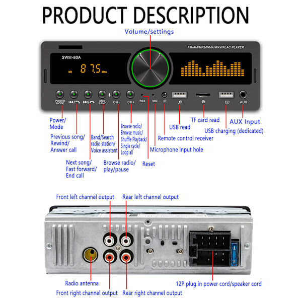 Auton stereot MP3-soitin 12V Bluetooth 5.0 AUX-tulo FM AM -radio Virrankatkaisun muistitoiminto Auton stereot värikkäillä valoilla 80A
