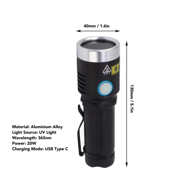 20W 365nm LED Ultraviolet Lommelygte USB Genopladelig UV Lommelygte