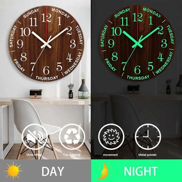 Tyst Väggklocka i Trädesign, Batteridriven, Tyst Gång utan Tickande, Tydlig och Lättläst Display, Självlysande Siffror, Dekorativ Klocka
