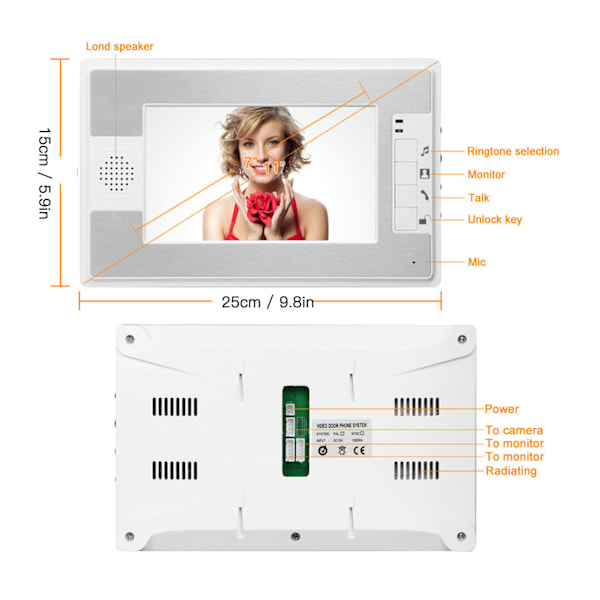 Videodørtelefon Dørklokke 7 Tommers Farge TFT LCD Natt Syn Video Dørtelefon Monitor for Hjemmesikkerhet 100‑240V EU Plugg