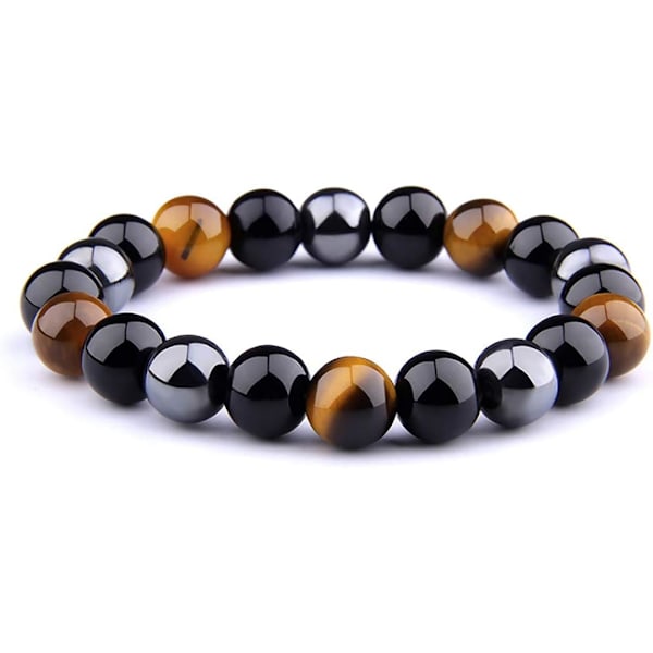 Healing Crystals Skyddsarmband, Tigeröga, Hematit & Svart Obsidian, 10 mm Pärlor, Elastisk Justerbar Storlek, Handgjorda Smycken, Andligt