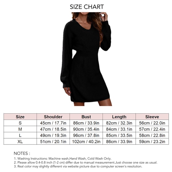 Langærmet sweaterkjole V-hals Drop Shoulder Sleeve Stram kjole til kontor Dating Arbejde Daglig udendørs shopping Hjem Sort M