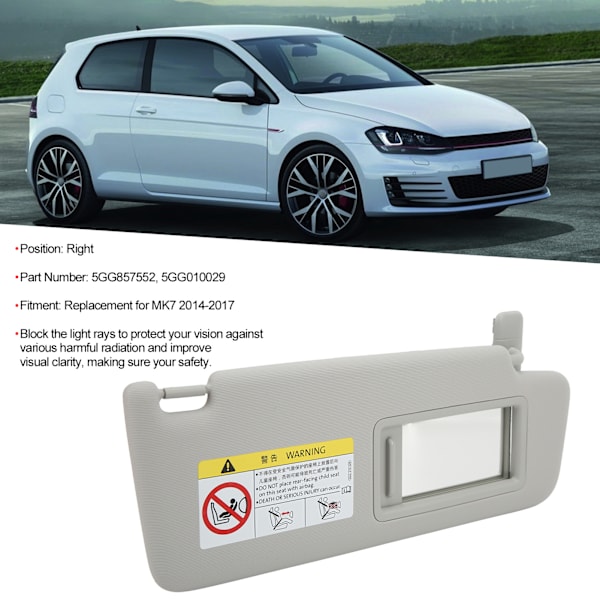 Höger solskydd för bil, inner solskydd, 5GG010029, grå ABS-plast, tygersättning för MK7 2014‑2017