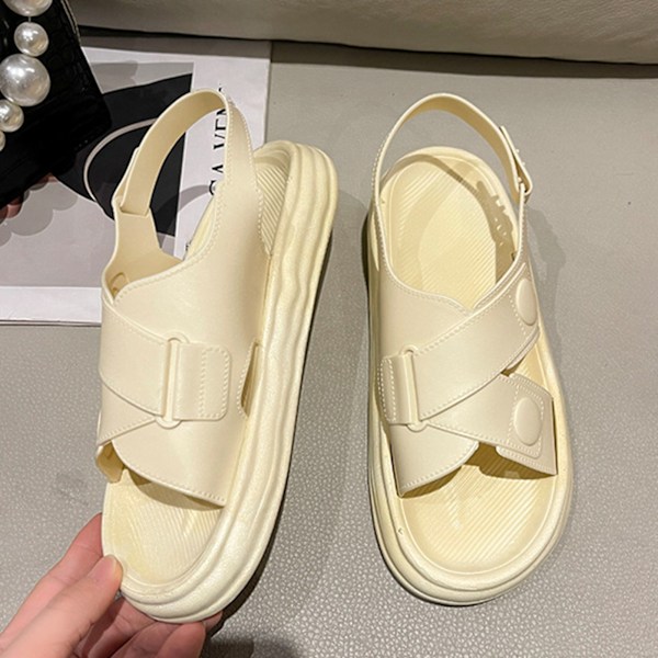 Dam Korsrem Sandaler Öppen Tå Hög Komfort Ankelrem Halkfri Tjock Sula Platt Sandal för Strand Gul 36-37