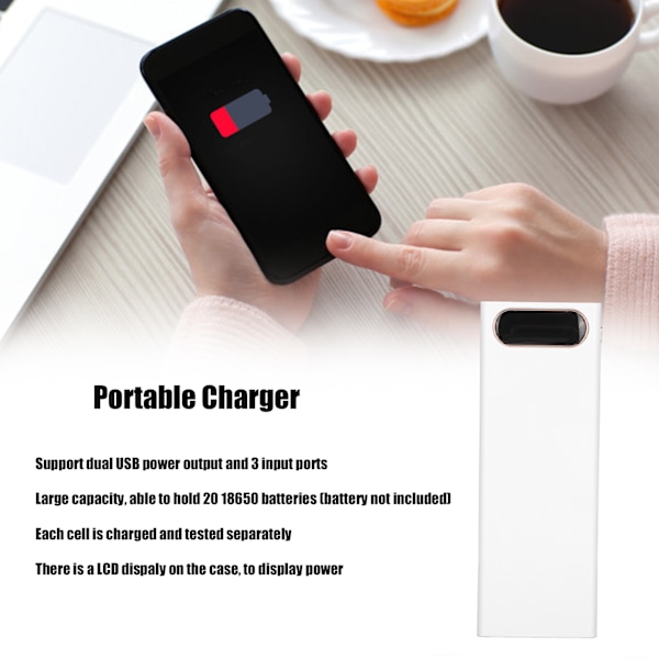 L20 18650 Batteriholder 10W DIY Mobil Powerbank Etui Bærbar Batterilader med LCD-skjerm for 20 Batterier Hvit