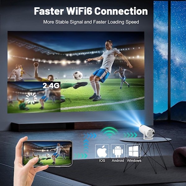 Smart Mini Projektor, 180° Roterbart Ställ för Projektion i Flera Vinklar, 4K 1080P Stöd, BT5.0 Högtalare för Fylligt Ljud, Perfekt för Hemma Bio