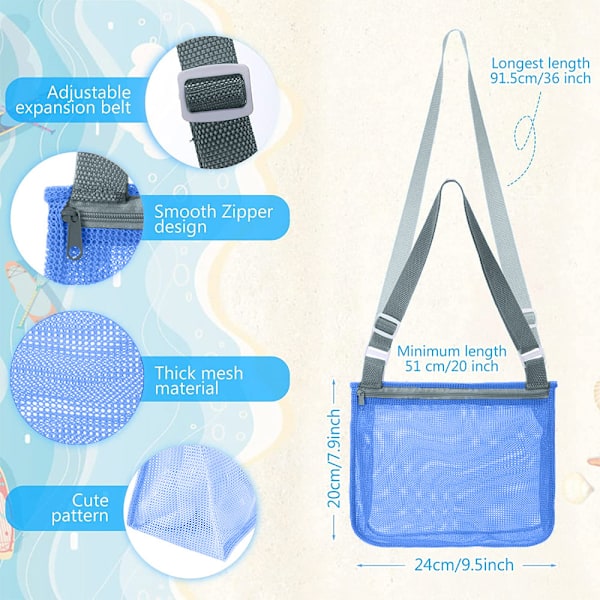 2 stk Mesh Shell Bag, Strandveske for barn med justerbare bæreseler for oppbevaring av skjell, frukt, grønnsaker, snacks eller leker