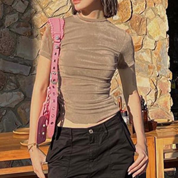 Dam Sommar Kort Topp Casual Rund Hals Rynkad Kort Ärm Slim Fit Topp för Kvinnor Kaffe M