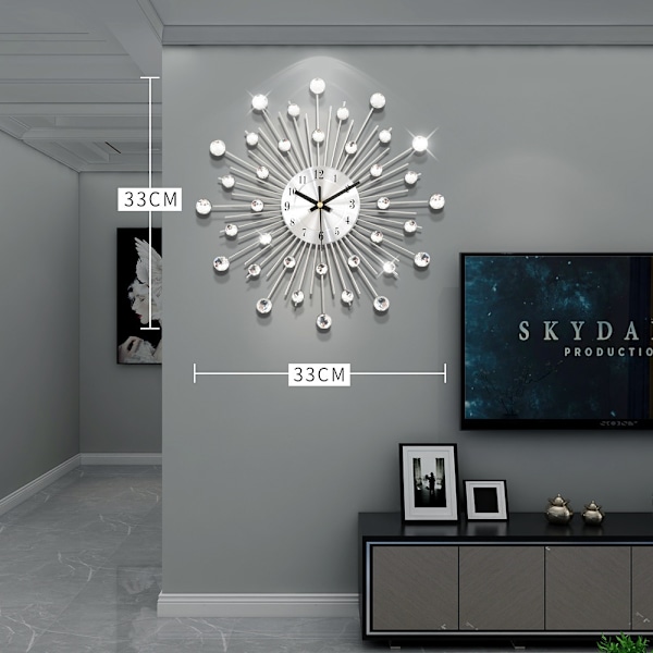 Lyxig Elegant Design, 3D Kristallväggklocka Med Glittrande Bling, Silver Väggdekor, Tyst Icke-Tickande Urverk För Mångsidig Rumsdekor