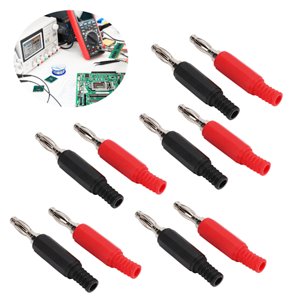 10 stk. banan stik 4mm/0,2 tommer messing PE materiale rød sort spiral isolerende hus åben type banan stik 30Vac‑60Vdc