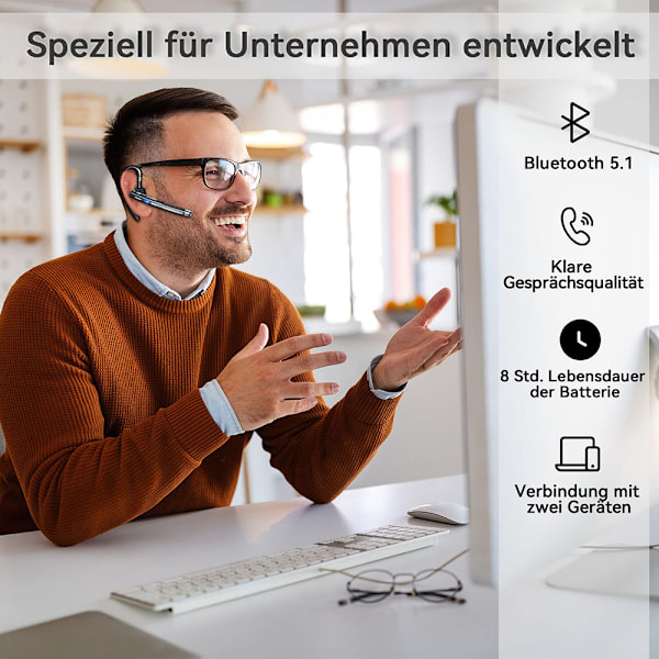 Trådlöst headset för mobiltelefoner, ultralång standbytid, brusreducerande hörsnäcka med 270 graders justerbar roterbar mikrofon, handsfree-samtal Bluetooth
