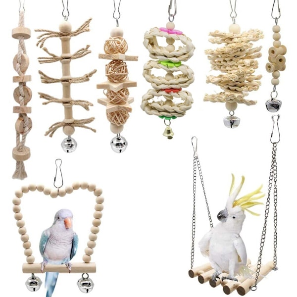 Parrot Lektidsglädje, 8 Delar Handgjorda Fågelbursaccessoarer med Tuggleksak, Hängande Spegel, Klätterstege, Giftfri Upphöjd Plats