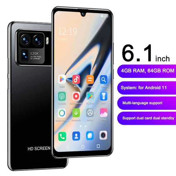 Upplåst 6,1-tums Smartphone för Android 11 4G RAM 64G ROM HD Waterdrop-skärm 4500mAh 8,5mm Slim EU-kontakt 100–240V Svart