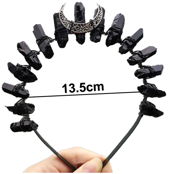 Rå krystall tiara krone pannebånd, svart kvarts rhinestone måne