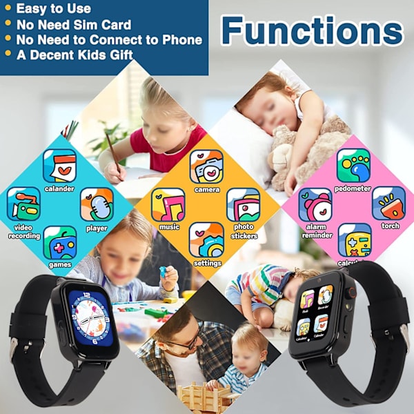 Børns Smart Watch Dobbelt Kamera Multifunktionel High Definition Smart Watch Telefon til 4 Til 12 Årige Drenge Piger Sort