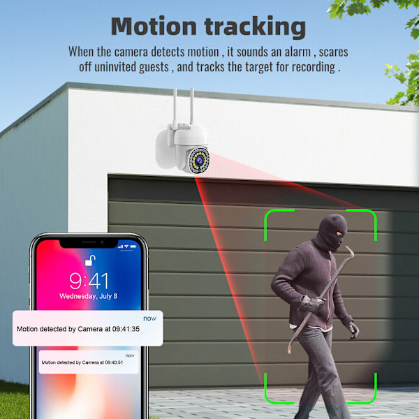 Trådlös 2 Megapixel Färg HD Säkerhetskamera, 360° PTZ Utomhusövervakning, WiFi IP PTZ med AI och Auto-spårning, Färg Night Vision, Hög Förstärkning