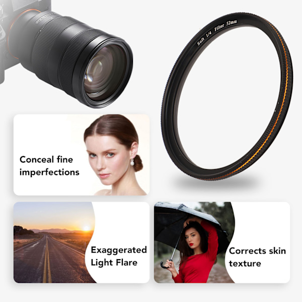 Pehmeä diffuusio 1/4 suodatin sumu unelmamainen elokuvamainen tehosuodatin matta huurrettu optinen lasisuodatin DSLR-kameralle mikroobjektiivi 52mm