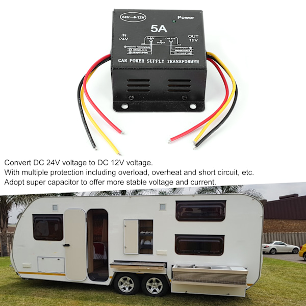 5A strømomformer 24V til 12V Buck-transformator for lastebil RV Yacht Audio Navigasjon Refit