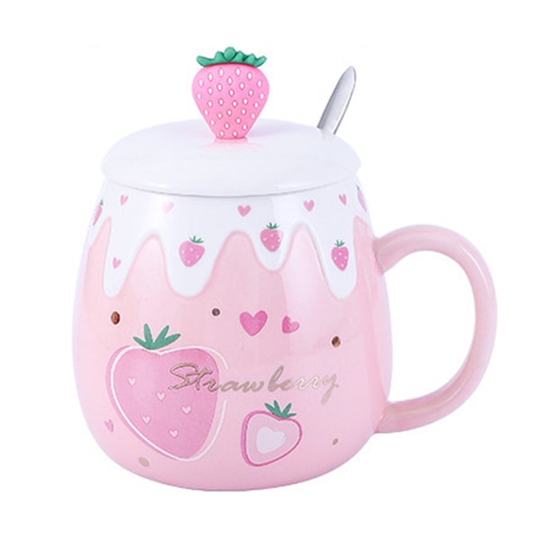 Kawaii Mugg, Elegant Design Keramikmugg, Jordgubbs-silikonhuvud på Lock, Perfekt för Hem & Kontor, Högkvalitativ Keramik, Tål Diskmaskin, Gåva