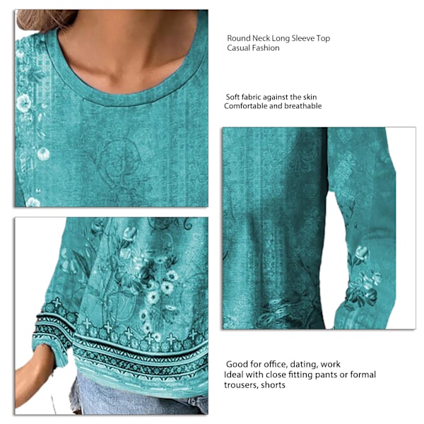 Rundhalsad Blommig Blus Långärmad Trendig Casual Figursydd Blommig Tryckt Blus för Kvinnor Himmelsblå XL