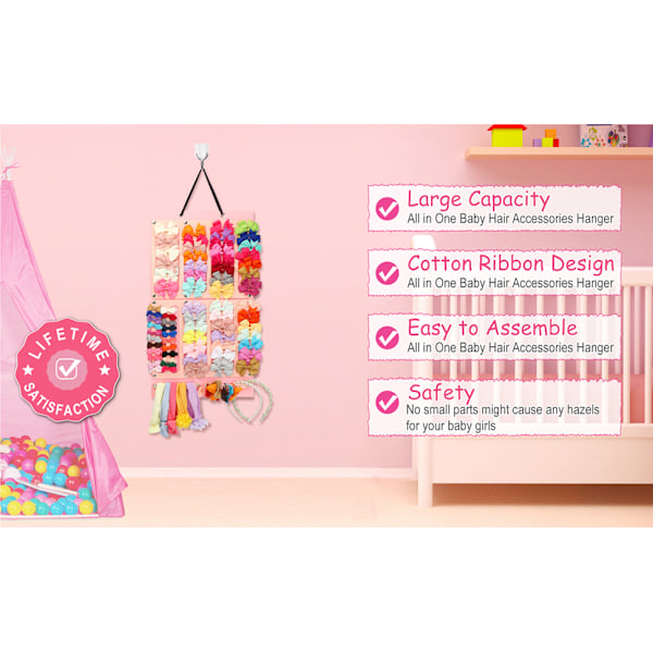 Håraccessoarorganisatör för Babyflickor, Hängande Design för Enkel Demontering &amp; Montering, Hårrosetthållare med Bomullsband, Multifunktionell Förvaring