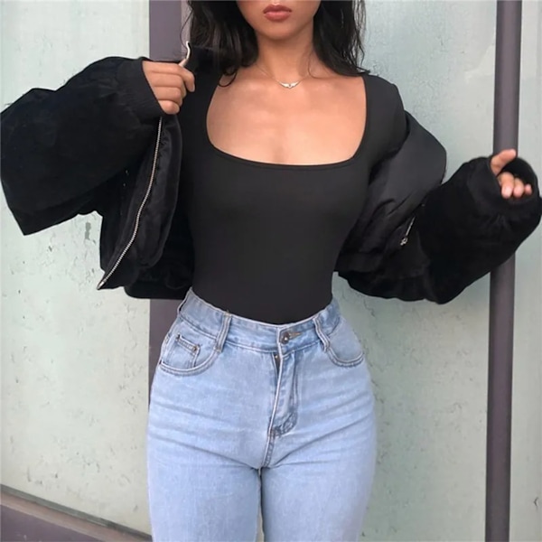 Bodysuit Topp Dam Båthals Enfärgad Långärmad Åtsittande U-hals Polyester Jumpsuit L Svart