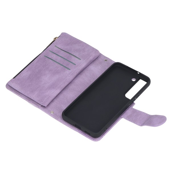 PU Läder Plånboksfodral för Galaxy S22 Dragkedja Flip Folio Plånbok RFID Blockering Skyddande Fodral med handledsrem Magnetlås Inbyggt Stativ