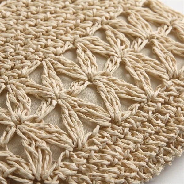Halmveske i satengvev, håndstrikket, firkantet form, dusker, vevd veske for strand, dating, beige