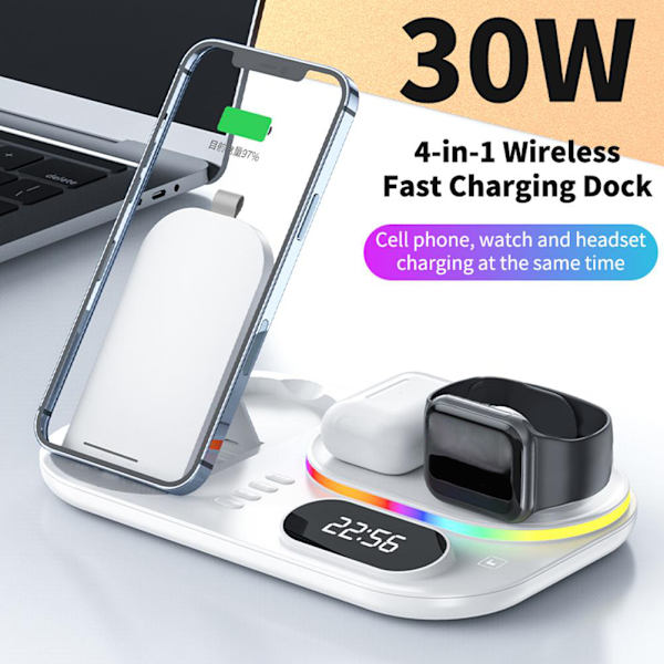 Trådlös laddningsstation 4 i 1 Snabbladdningsstation Trådlös laddare Stativ Kompatibel för IPhone 13 12 3 2 Pro IWatch 7 6 5 SE 4 3 2 1 för Samsung